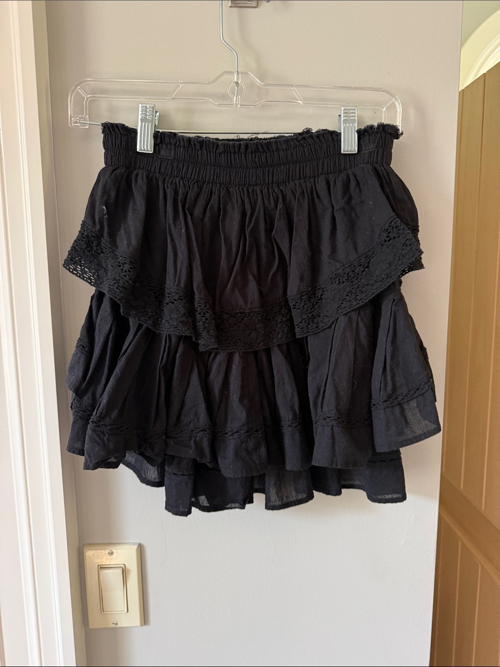 LoveShackFancy Black Tiered Crochet-Trim Mini Skirt